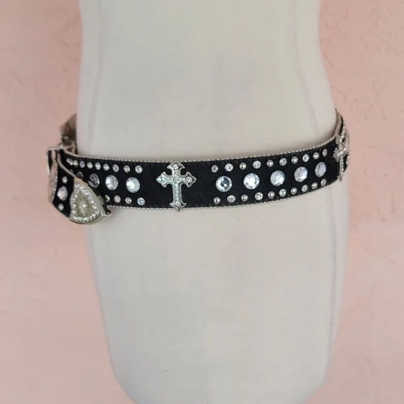 CW Country Western Crystal & Rhinestone Studded Leather Black Belt - Picture 5 of 13